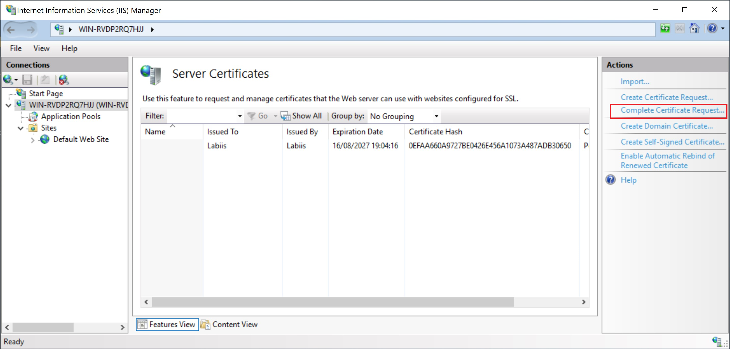 _IIS Manager_, complete el proceso de solicitud de certificado